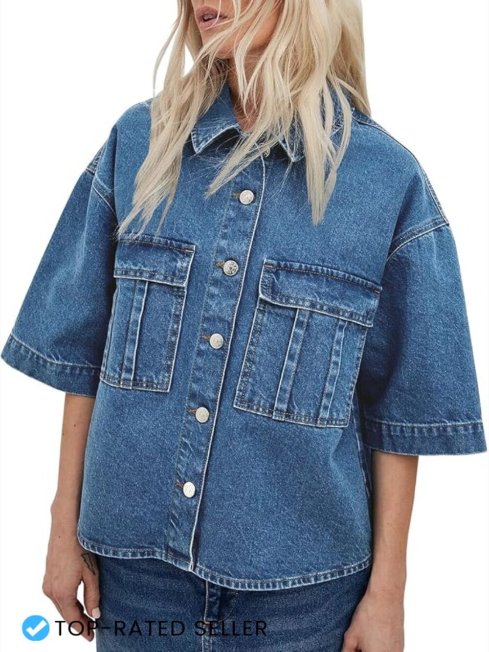 Oversized Denim Jacket Women Short Sleeve Cropped Vintage Jean Button Down